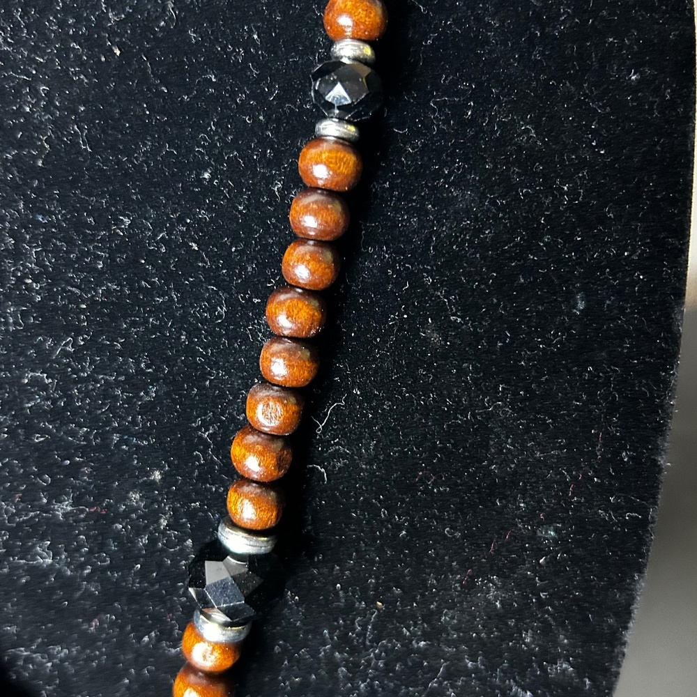 Boho Western Wood Beaded Necklace w/ Leather Tassel - Picture 2 of 4